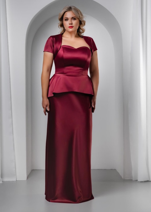 Вечернее платье изумрудное атласное с баской и накидкой