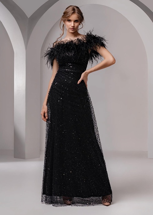 Вечернее платье чёрное с пайетками и перьями