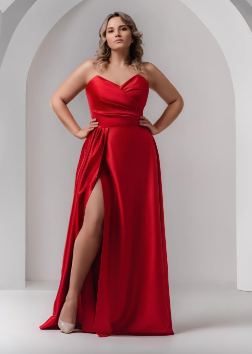 Вечернее платье  атласное с корсетом и разрезом на ноге 