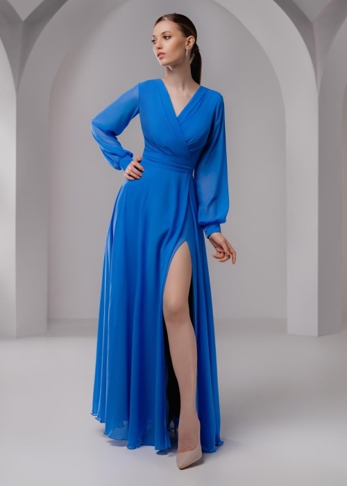 Вечернее платье шифоновое с длинным рукавом и разрезом на ноге
