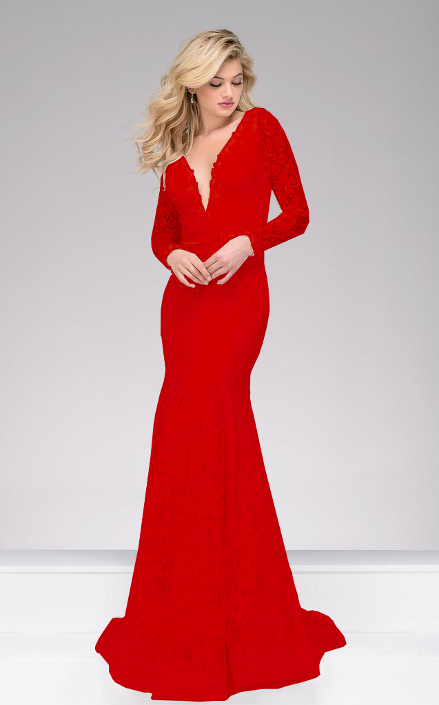 Красное кружевное платье с рукавом
