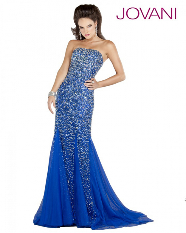 Синее платье с пайетками и камнями