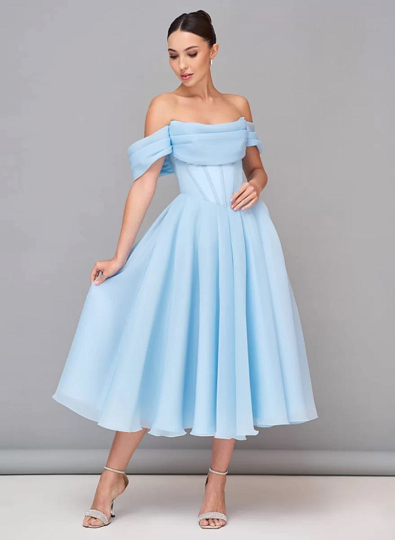 Голубое пышное миди на выпускной